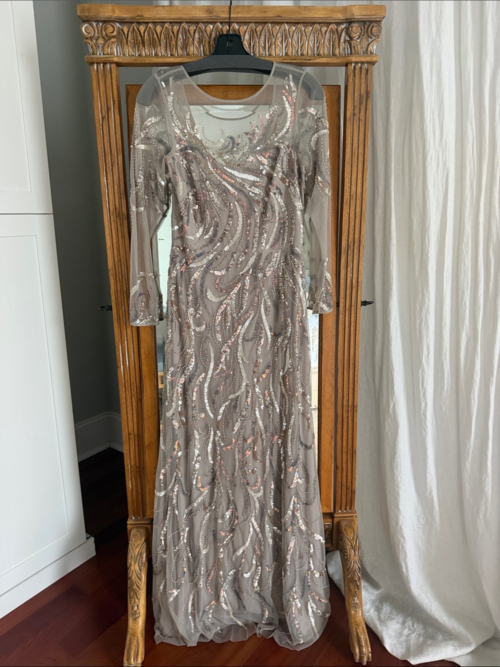 Aidan Mattox Taupe and Rose-Gold Sequin Long-Sleeve Evening Gown
